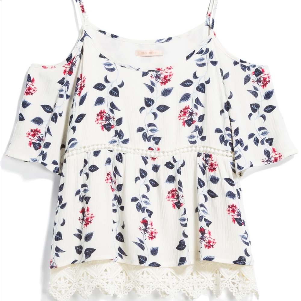 Skies are blue cold shoulder lace detail blouse